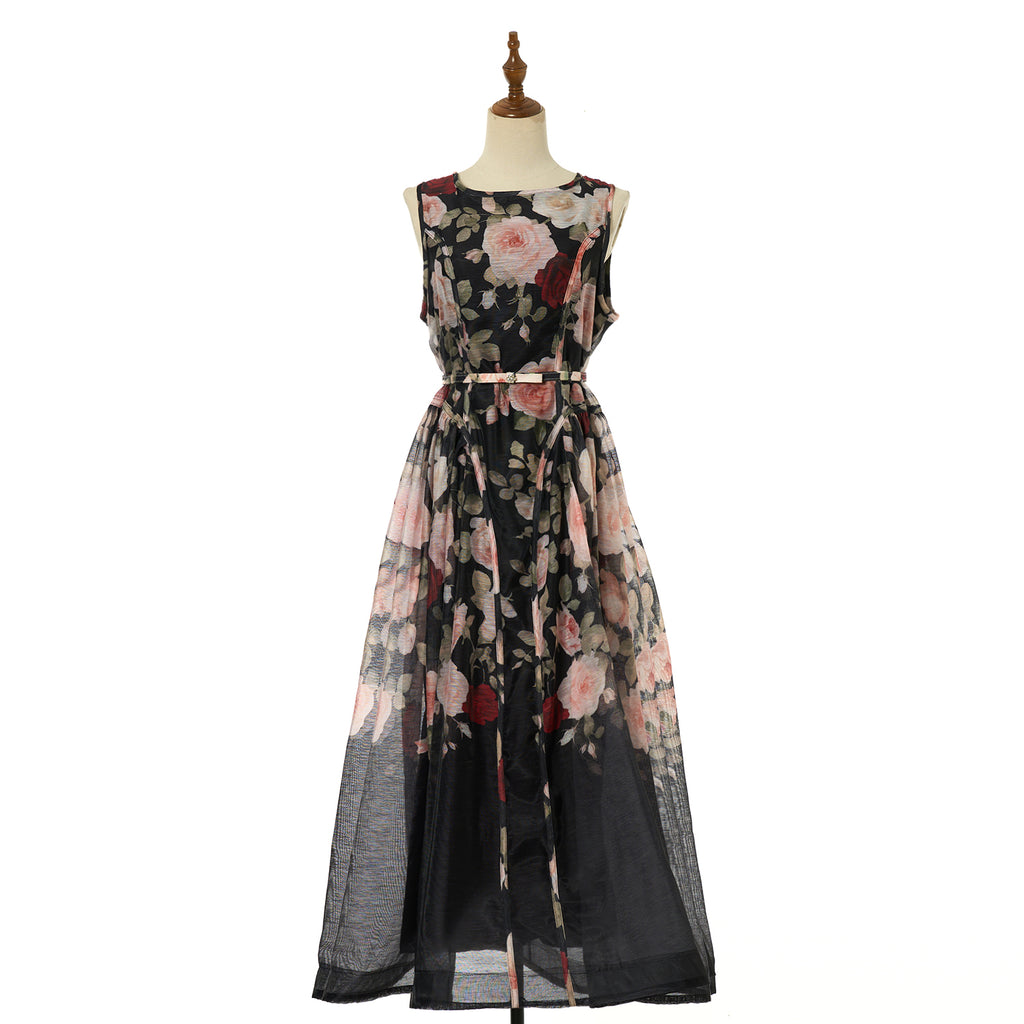 Floral sleeveless maxi dress in black with pink rose print and flared sheer skirt