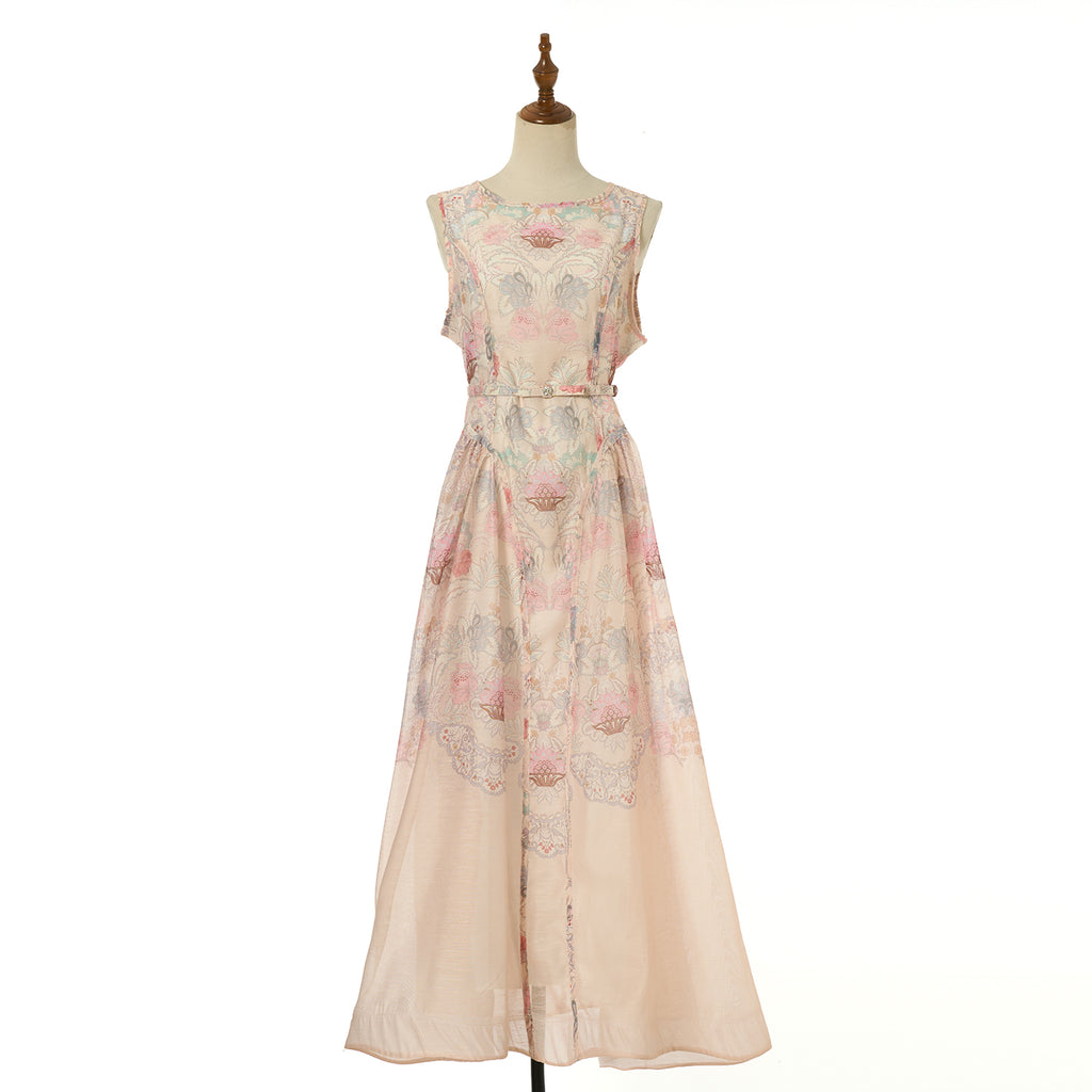 Floral sleeveless midi dress in blush pink with round neckline and cinched waist