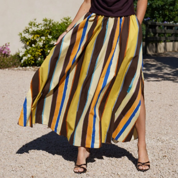 Skirt Color Striped Printing Slit Hemline at Hem Elegant