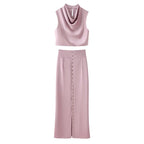 Women Elegant Solid Summer Silk Satin Skirt Sets