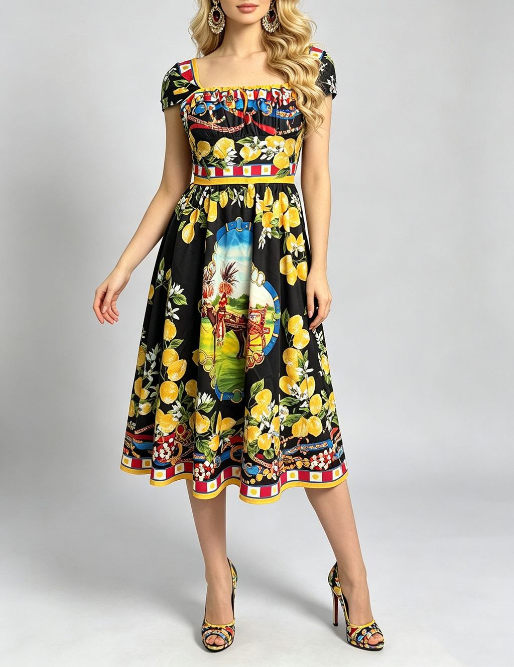 Halter bodycon midi dress with colorful citrus and portrait print on black