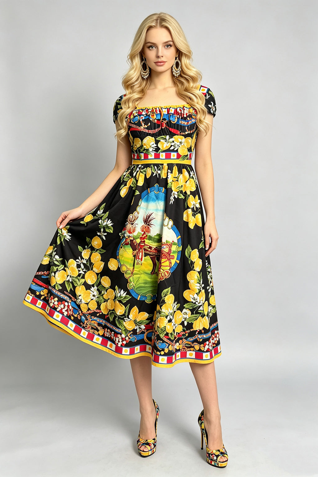 Halter bodycon midi dress, sleeveless, colorful fruit and portrait print on black