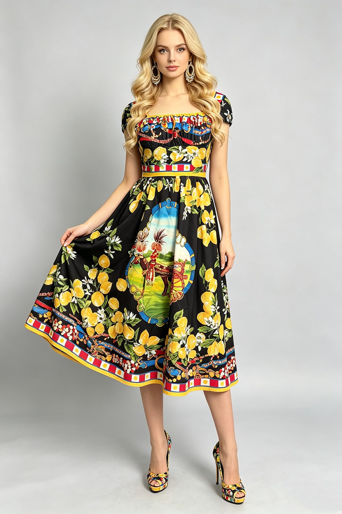 Halter bodycon midi dress, sleeveless, colorful fruit and portrait print on black