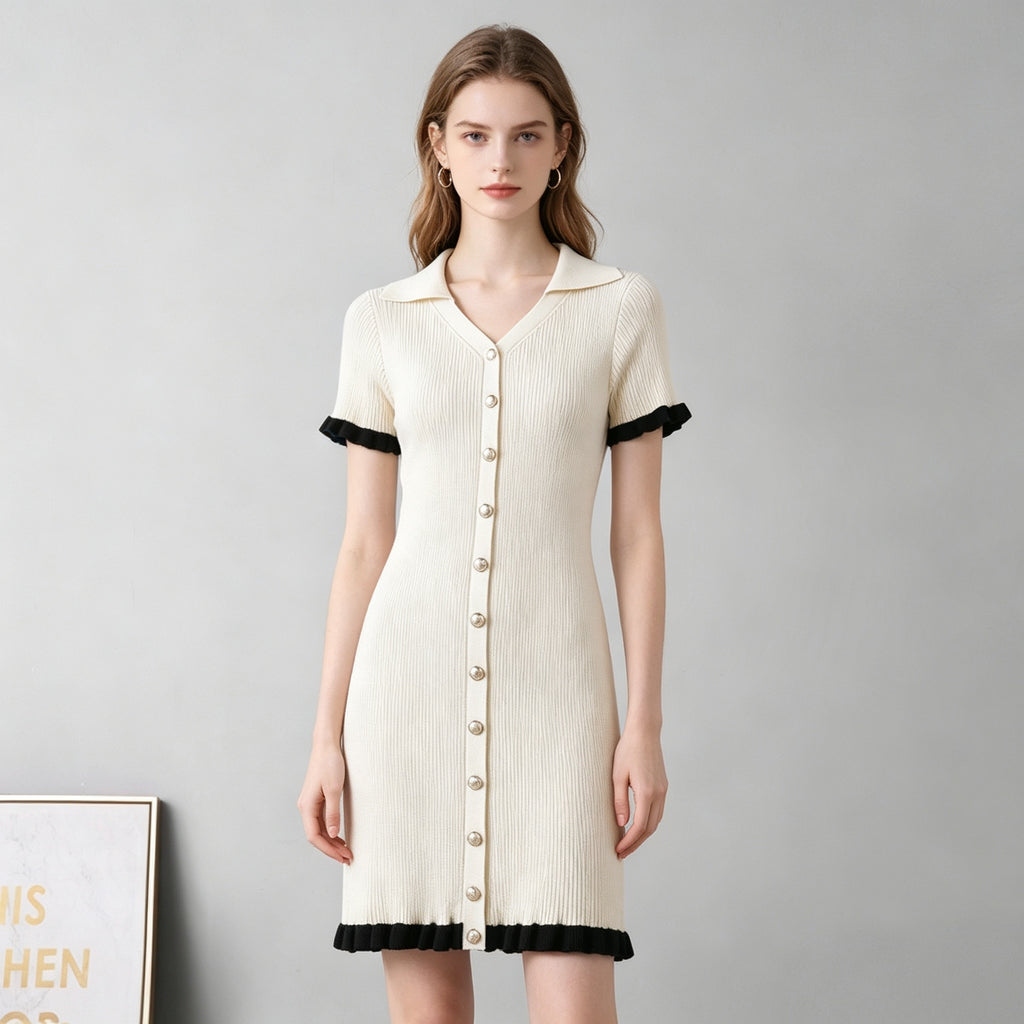 Ivory ribbed knit button-front dress with pointed collar, short sleeves, black trim
