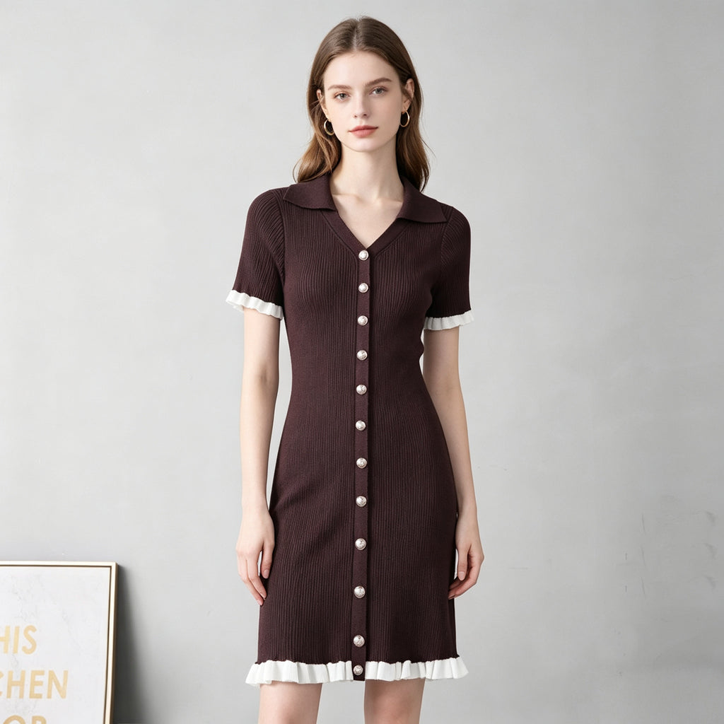 Dark brown ribbed knit button-front dress with pointed collar and short sleeves, white trim