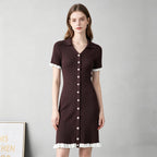 Dark brown ribbed knit button-front dress with pointed collar and short sleeves, white trim