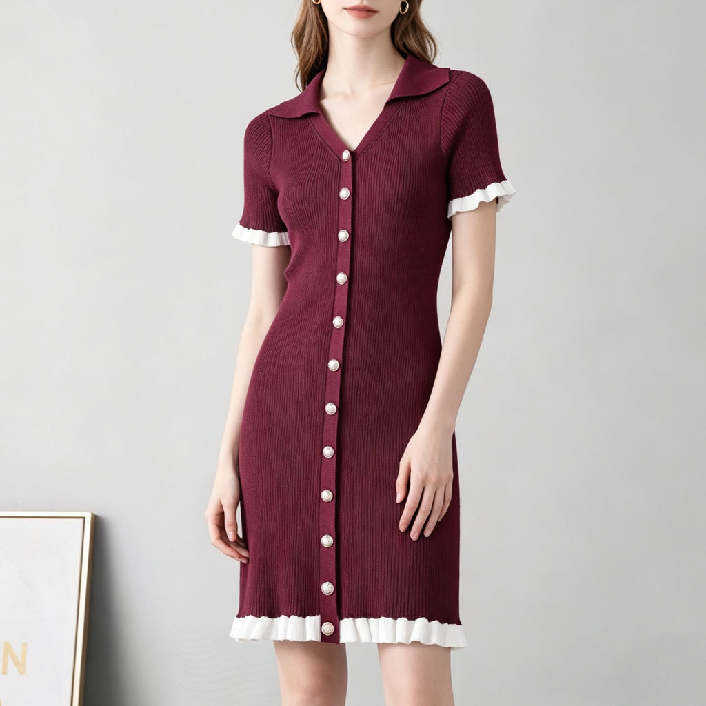 Burgundy ribbed knit button-front dress with pointed collar and ruffle-trim hem, white trim