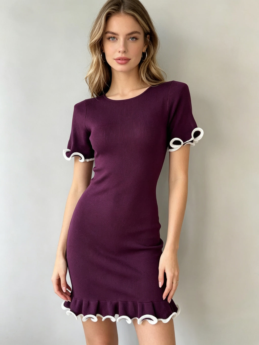 Plum women's knit ruffled dress with short sleeves and scalloped ruffle hem