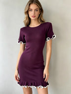 Plum women's knit ruffled dress with short sleeves and scalloped ruffle hem