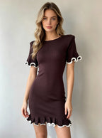 Burgundy women's knit ruffled dress with short sleeves and scalloped ruffle hem