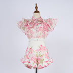 Women Court Style V Necked Frilled Hemline Diamond Buttoned Sleeveless Short Skirt Two Piece Sets