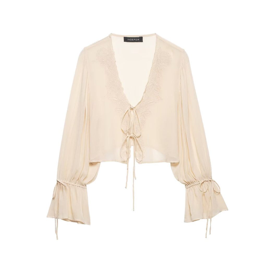 Women Clothing Summer Long Sleeve V neck Lace up