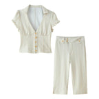 Women Clothing Spring Sexy Button Short Sleeve Top Pant Sets