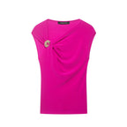 Women Clothing Summer SL Asym Collar Pleated Pullover Top