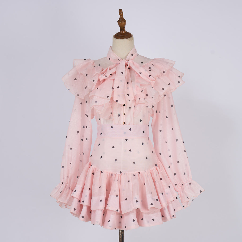 Women Heart Shaped Print Tie Up Ruffled Hem Blouse With