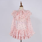 Women Heart Shaped Print Tie Up Ruffled Hem Blouse With