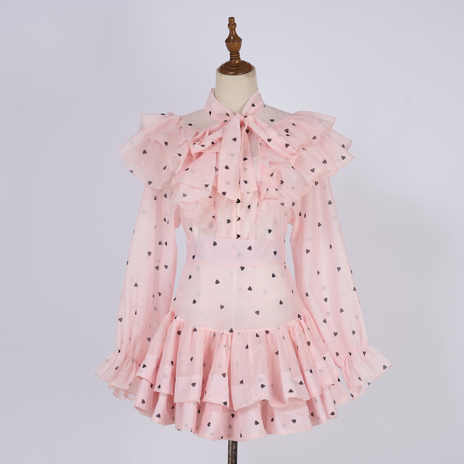 Women Heart Shaped Print Tie Up Ruffled Hem Blouse With