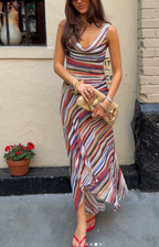 Multicolor sleeveless striped dress with V-neck and draped waist