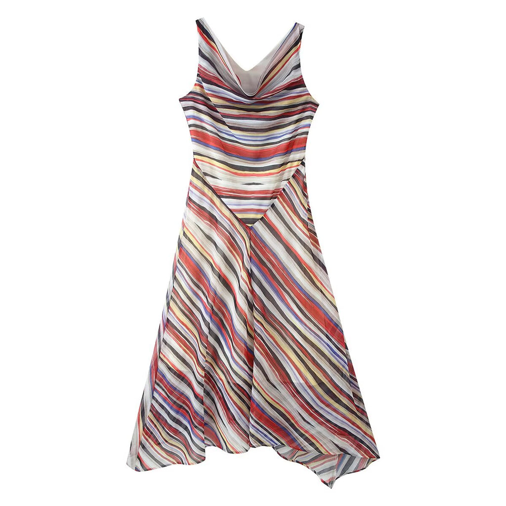 Front view multicolor sleeveless striped V-neck dress, asymmetrical hem