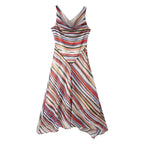 Front view multicolor sleeveless striped V-neck dress, asymmetrical hem