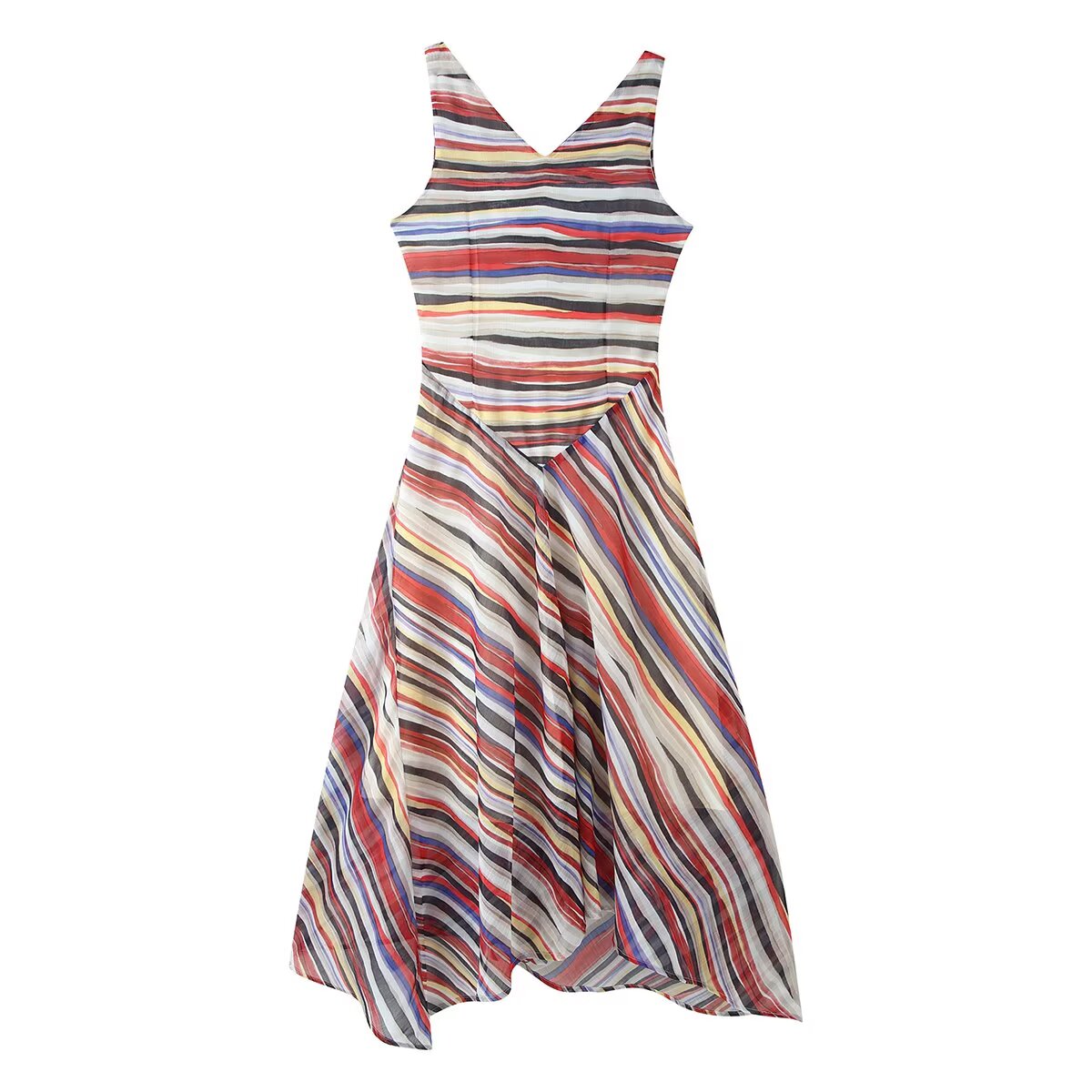 Multicolor striped sleeveless dress with V-neck and gathered waist
