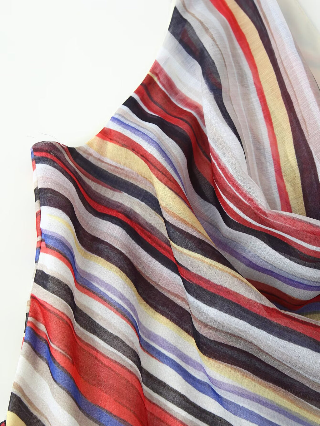 Close-up of multicolor striped fabric panel on sleeveless dress