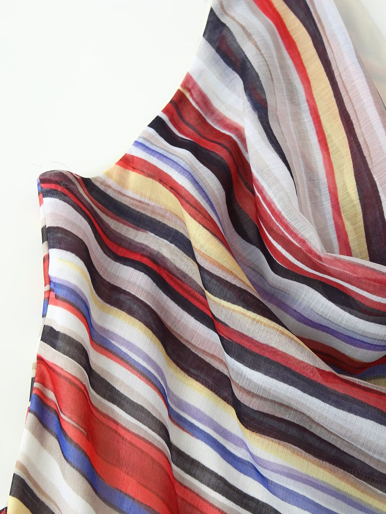 Close-up of multicolor striped fabric panel on sleeveless dress