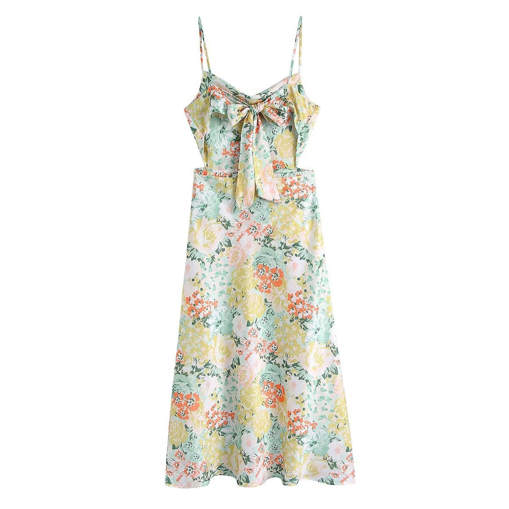 Floral maxi dress with spaghetti straps and bow detail at the bodice