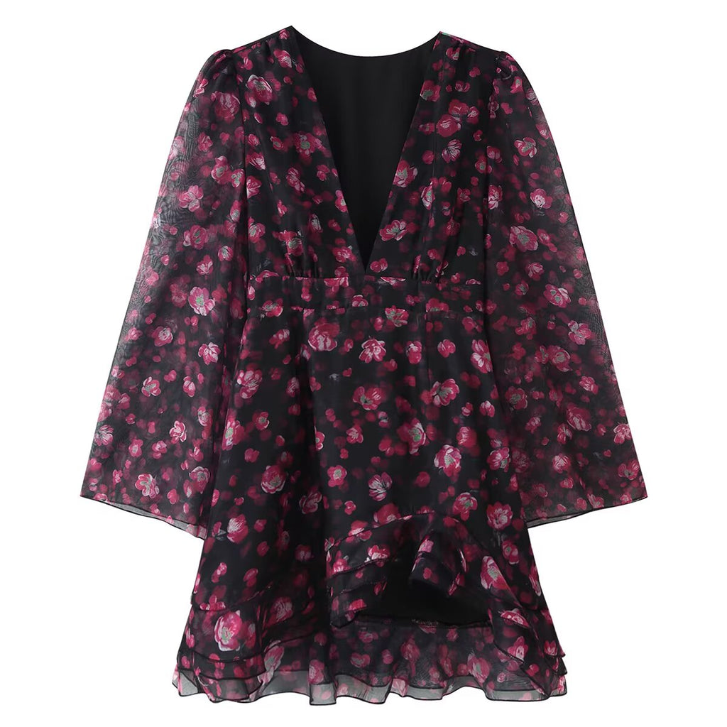 Purple floral ruffled dress with V-neck, gathered waist, and flared chiffon sleeves