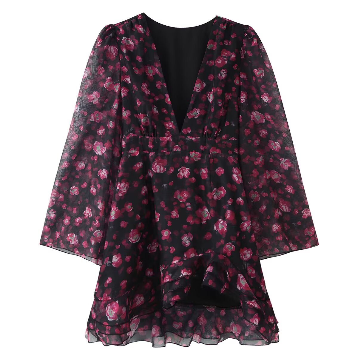 Purple floral ruffled dress with V-neck, gathered waist, and flared chiffon sleeves