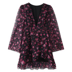 Purple floral ruffled dress with V-neck and tiered skirt, long bell sleeves