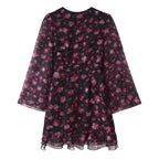 Purple floral ruffled dress with scoop back and tiered ruffle hem, long sleeves