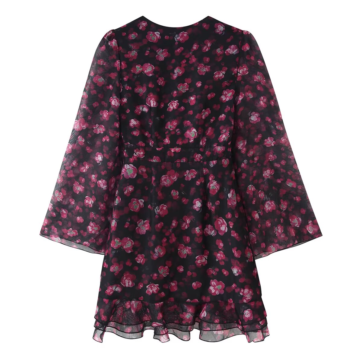 Purple floral ruffled dress with scoop back and tiered ruffle hem, long sleeves