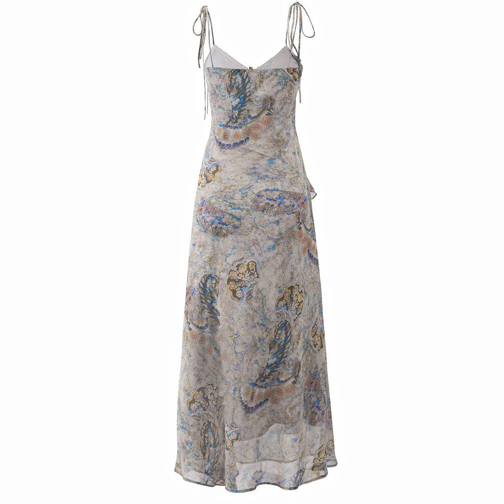 Women's floral maxi dress with spaghetti straps and ruffled hem, multicolor paisley print