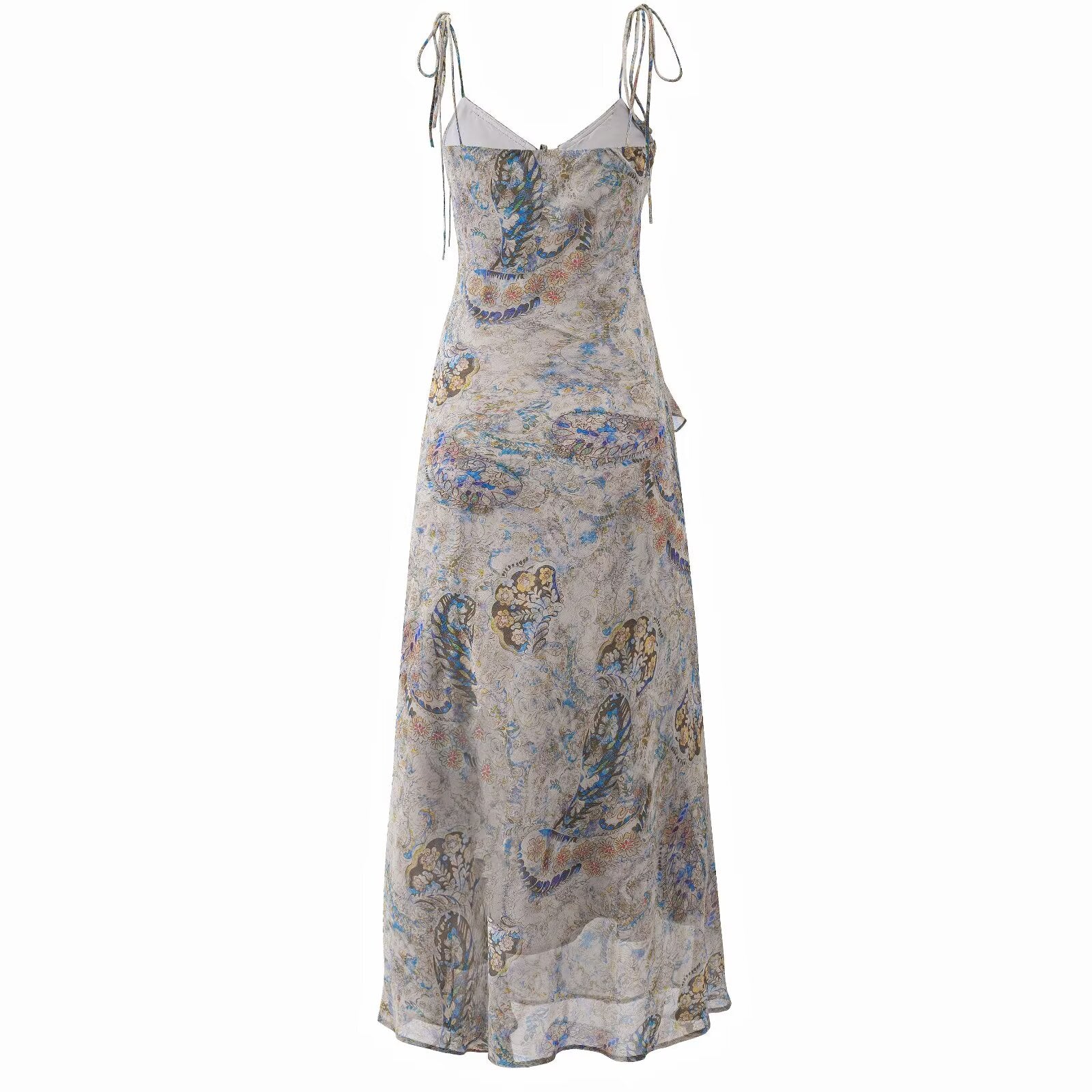 Women's floral maxi dress with spaghetti straps and ruffled hem, multicolor paisley print