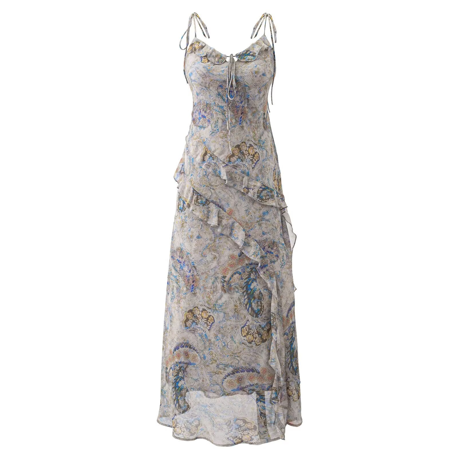 Floral ruffled maxi dress with spaghetti straps, scoop neckline, multicolor paisley print