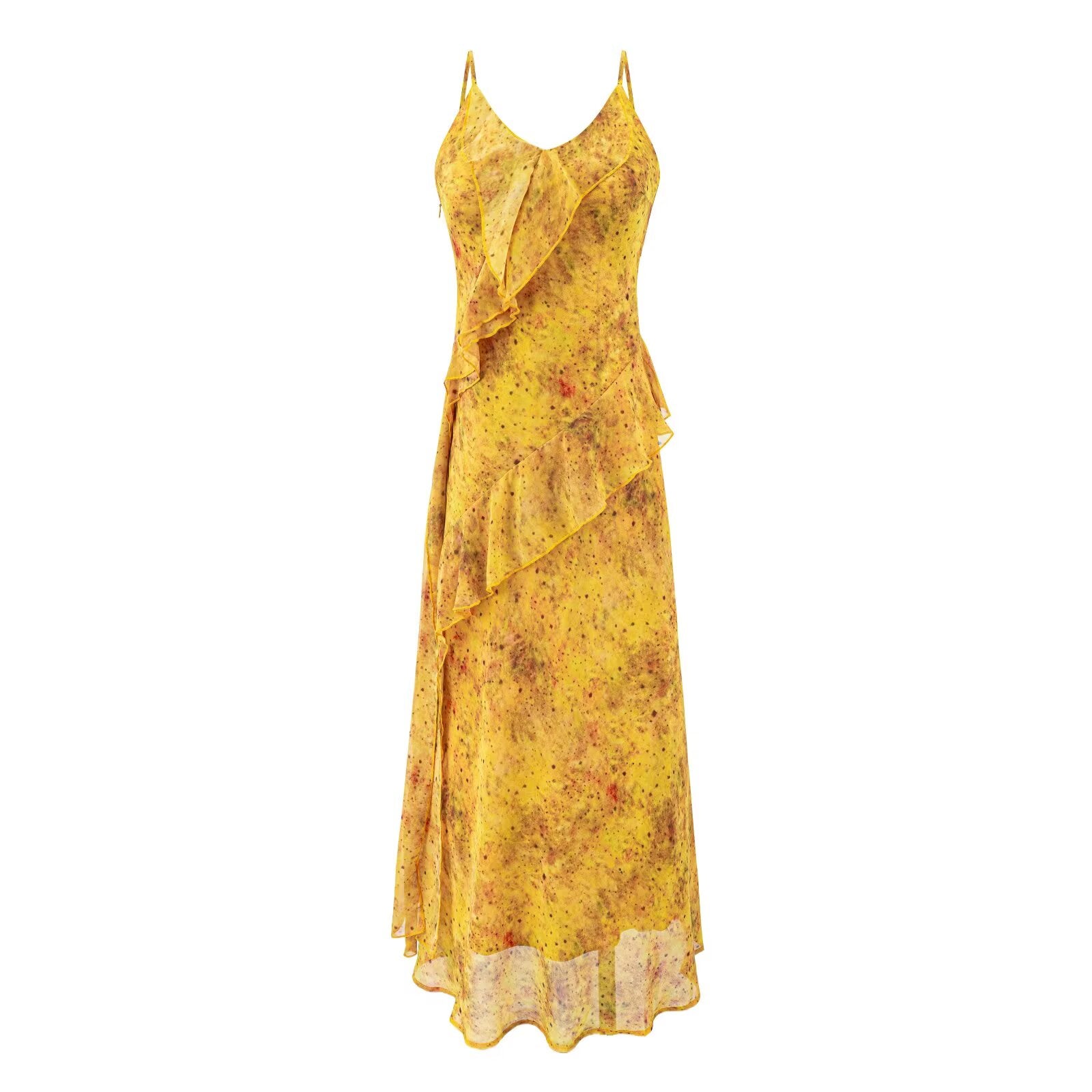Yellow maxi cami dress with spaghetti straps, draped bodice and tiered hem