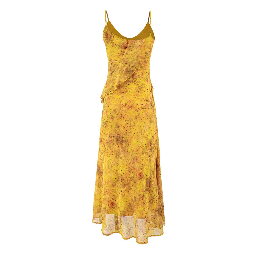 Yellow maxi cami dress with spaghetti straps and flowing skirt, tiered hem