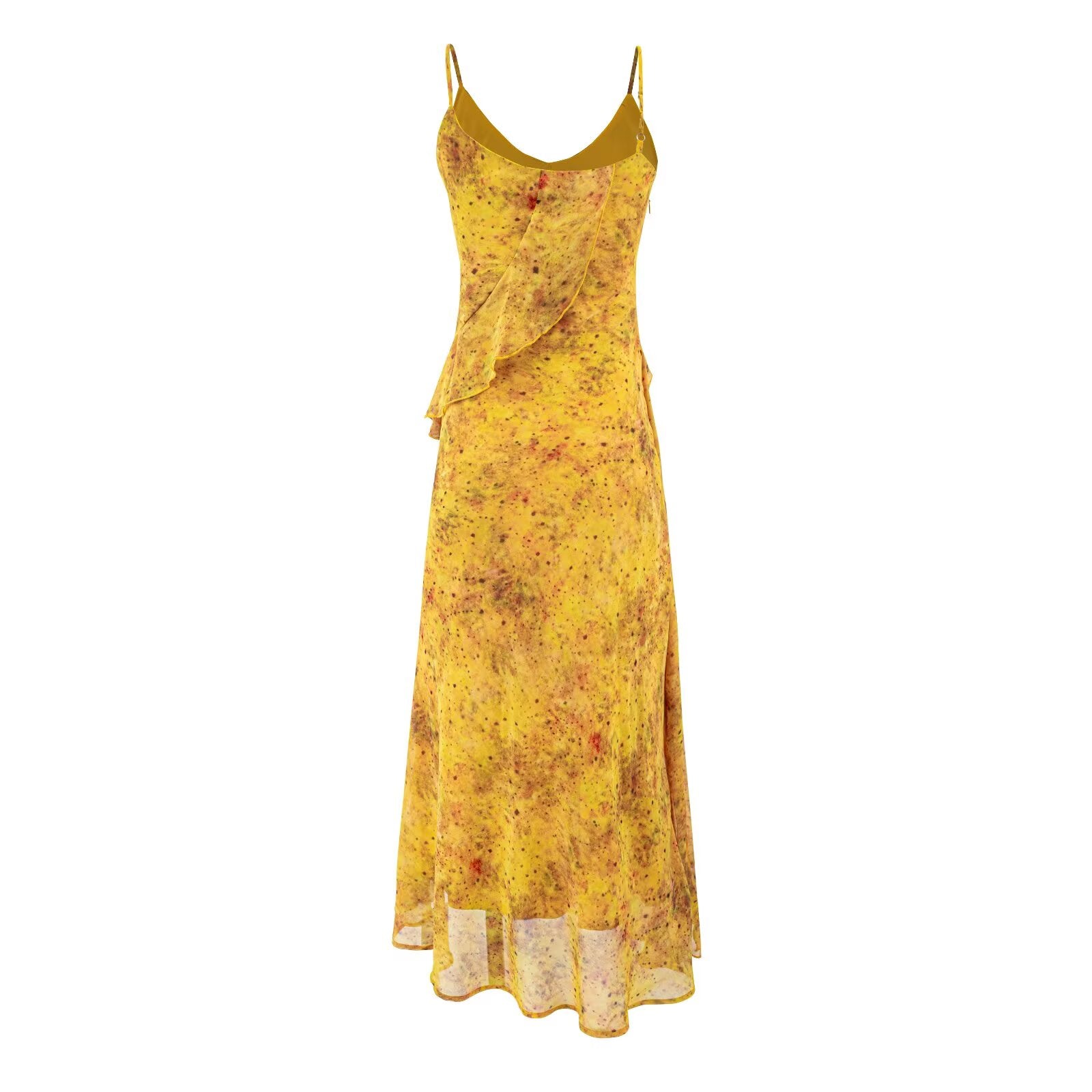 Yellow maxi cami dress with spaghetti straps and flowing skirt, tiered hem