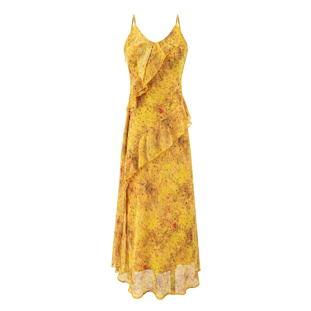 Yellow maxi cami dress with spaghetti straps, layered bust detail and tiered hem