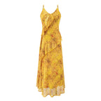 Yellow maxi cami dress with spaghetti straps, layered bust detail and tiered hem