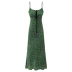 Floral summer dress, dark green with spaghetti straps and lace-up front