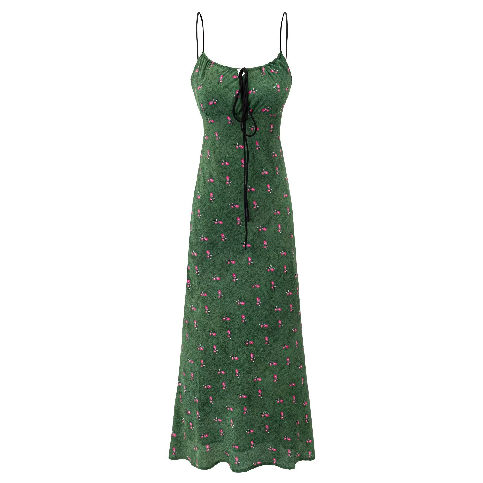 Floral summer dress, dark green with spaghetti straps and lace-up front