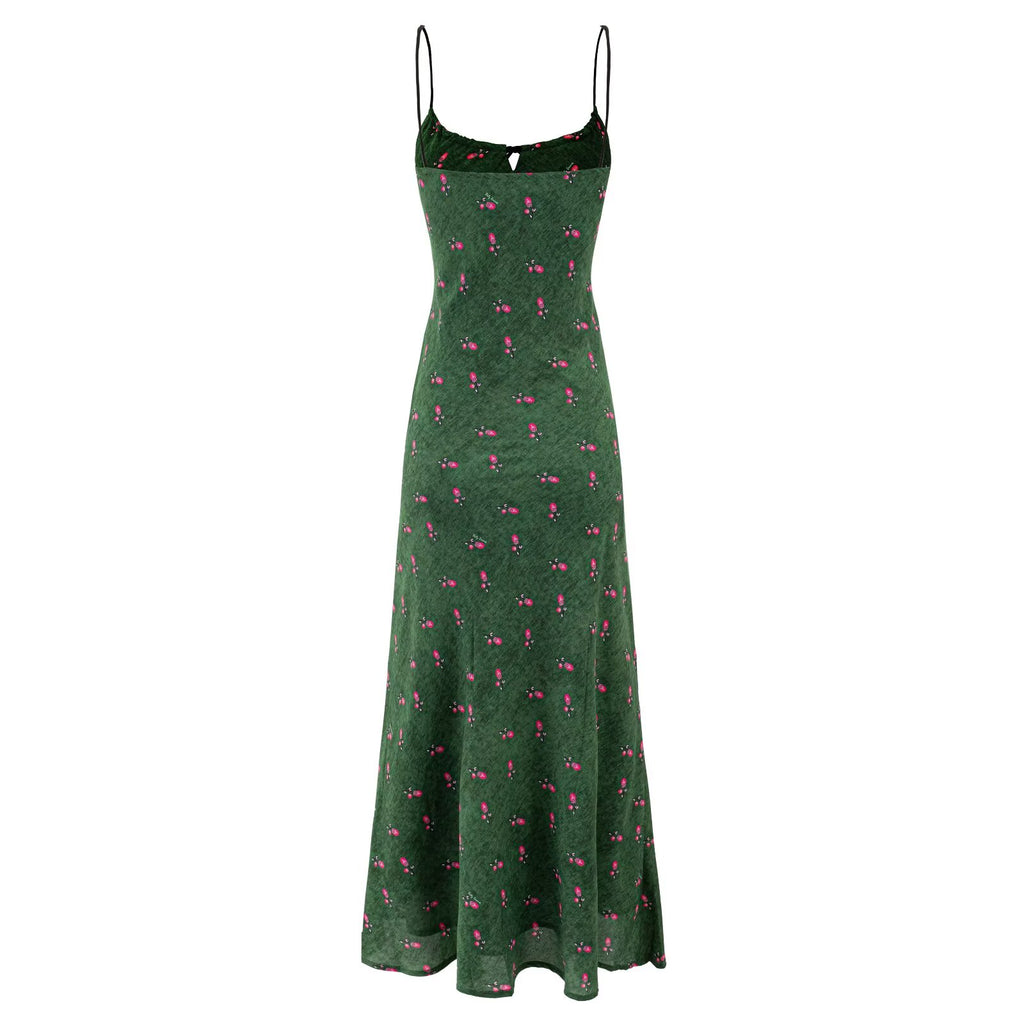 Floral summer dress, dark green with spaghetti straps and gathered bust