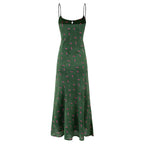 Floral summer dress, dark green with spaghetti straps and gathered bust