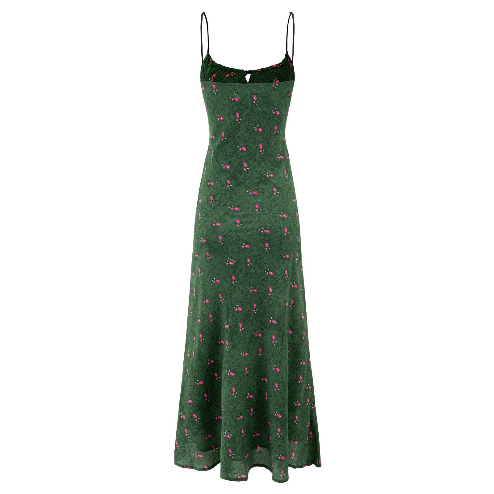 Floral summer dress, dark green with spaghetti straps and gathered bust