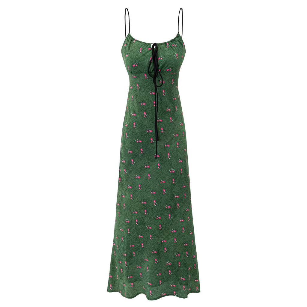 Floral maxi dress, dark green with tiny pink flowers and tie-neck detail