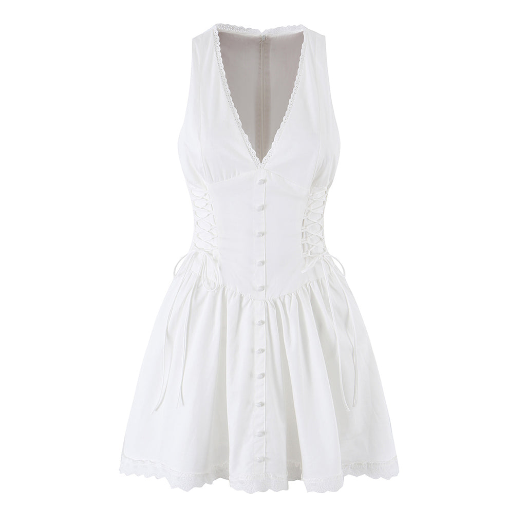 White lace sleeveless dress with deep V yoke and button front, pleated skirt