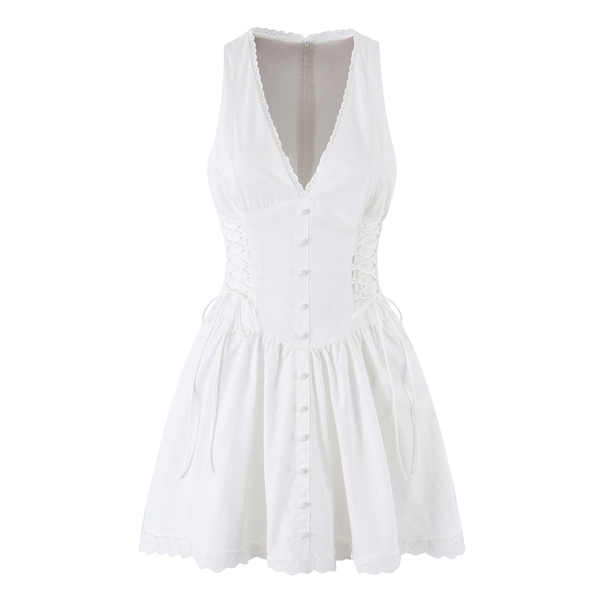 White lace sleeveless dress with deep V yoke and button front, pleated skirt