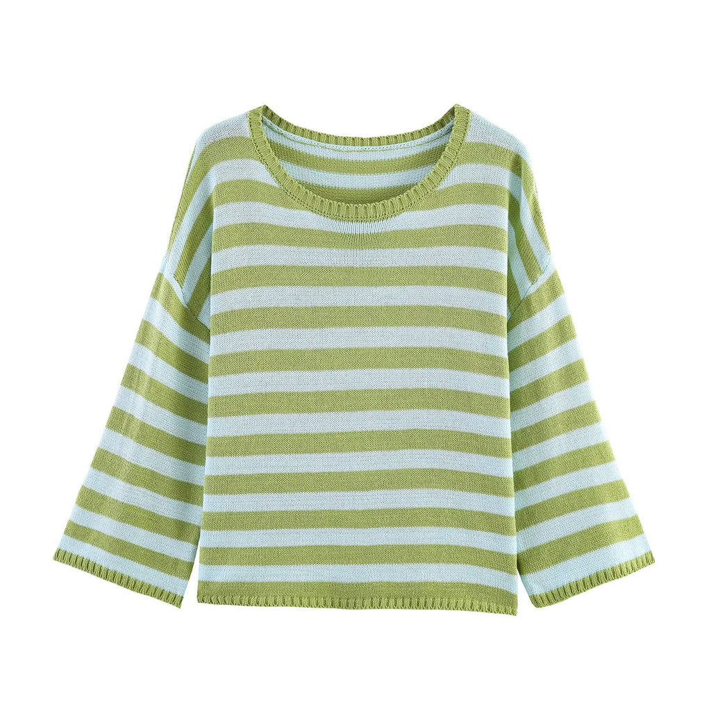 Casual Knitwear Women Striped round Neck Loose Slimming 3/4